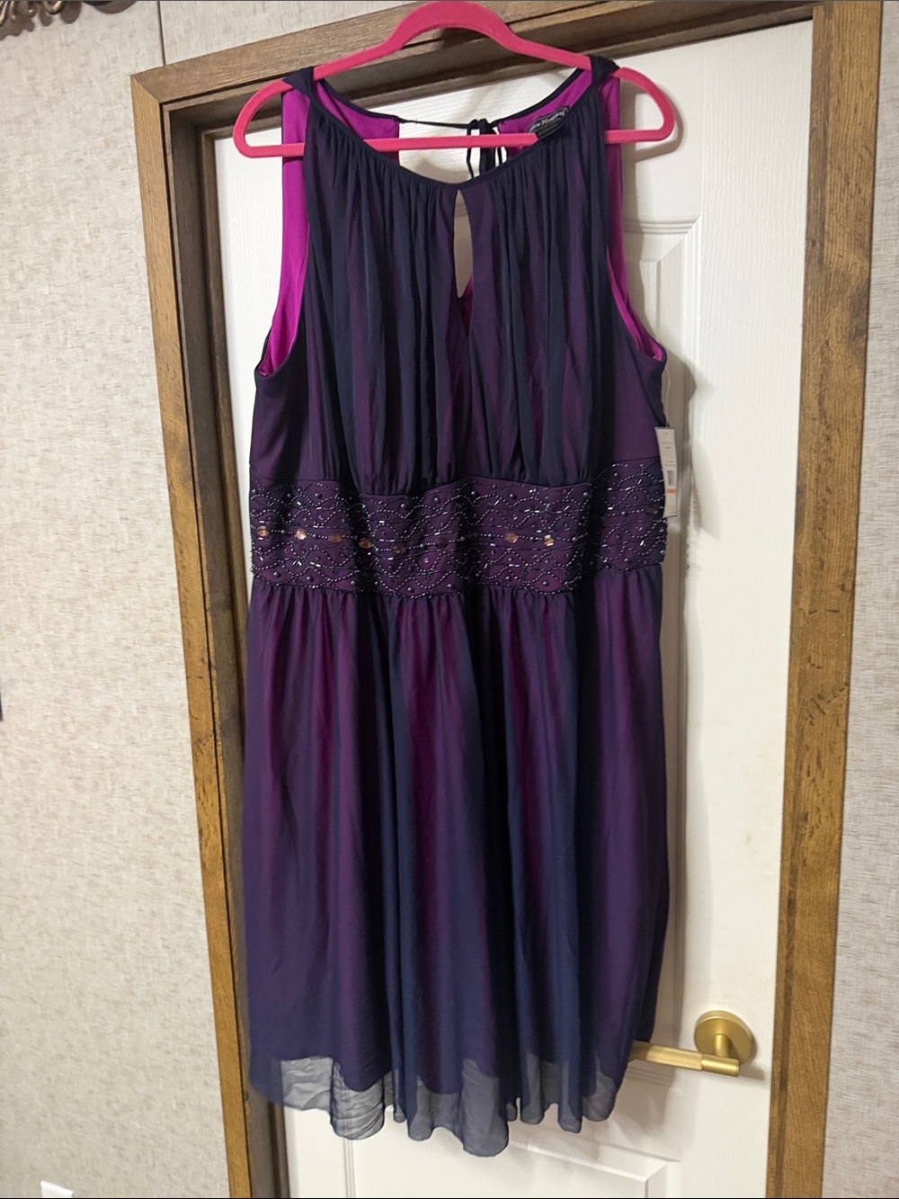 Dark Purple Sleeveless Beaded Waist Cocktail Dress - Picture 13 of 16